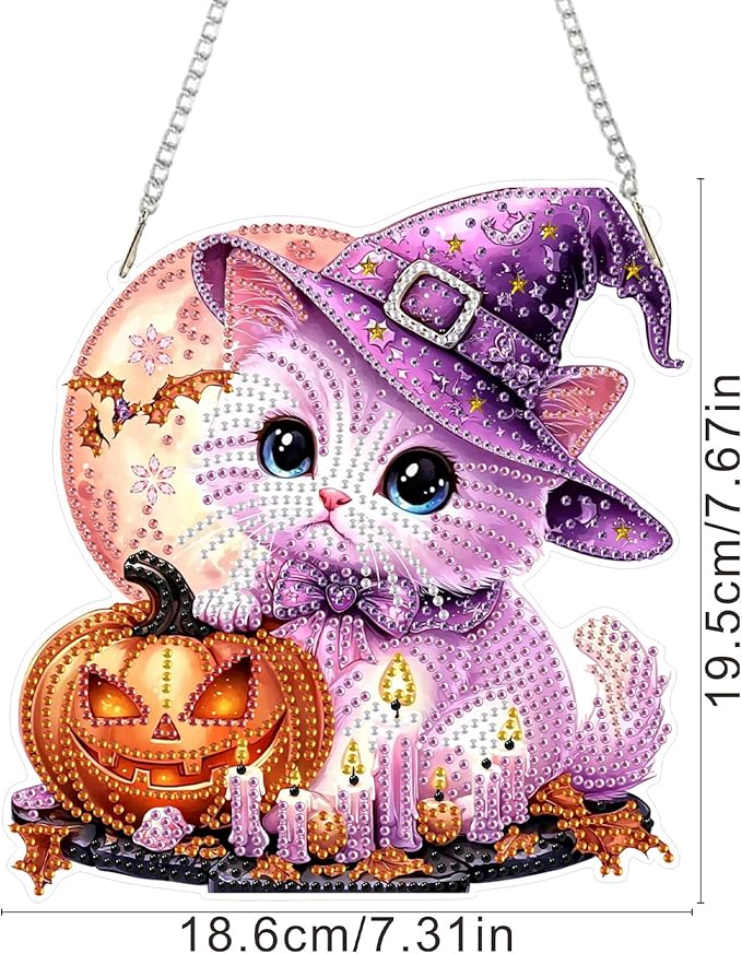 SENQAO Halloween Diamond Art Hanging Kits for Adults Beginners, DIY Acrylic 5D Special Shaped Crystal Diamond Gem Art Painting Hanging Ornament for Home Wall Decor and Gift（Cat Pumpkin Moon）