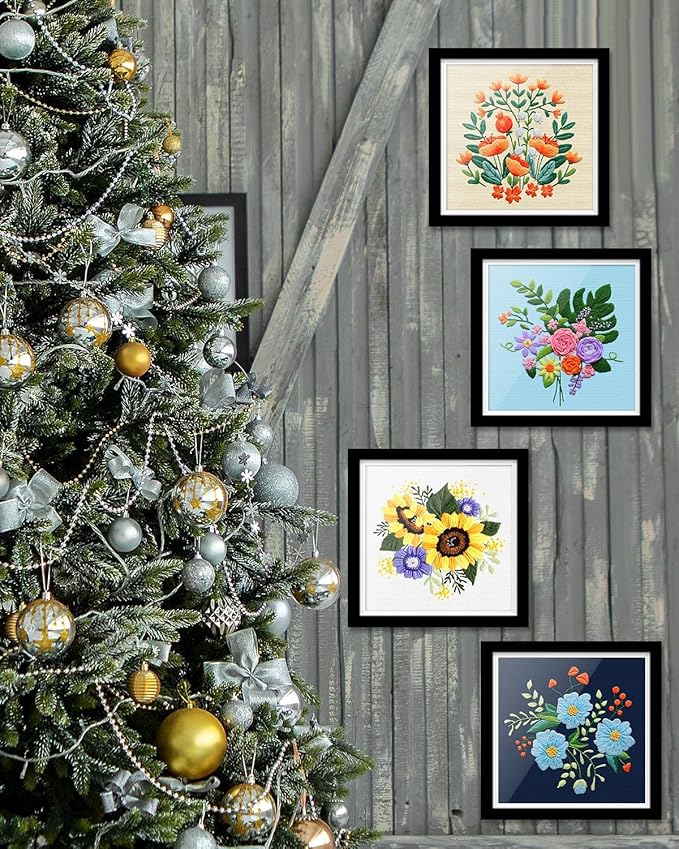 TINDTOP 4 Sets Embroidery Kit for Adults, Floral Embroidery Practice Kit for Beginners Include Embroidery Cloth Hoops Threads for Craft Lover Hand Stitch with Embroidery Skill Techniques