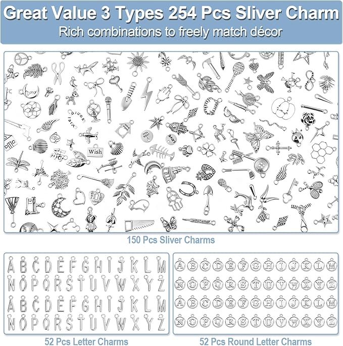 Modacraft 254 Pcs Silver Charms for Jewelry Making with Alphabet Letters, Wholesale Bulk Tibetan Silver Charm Pendants for Bracelet Necklace DIY Crafting