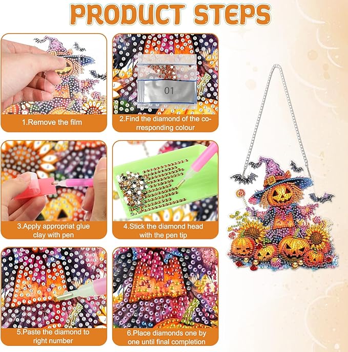 RICUVED Diamond Art Hanging Kit for Adult, Pumpkin Special Shaped Crystal Gem Craft Halloween Diamond Painting Pendant Kit for Beginners, Scarecrow DIY Hanging Diamond Art Ornament Kit for Home Garden