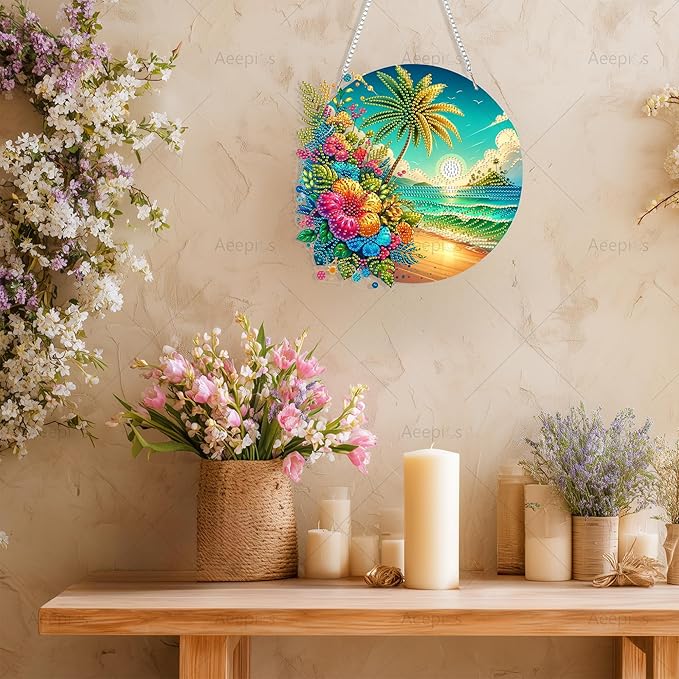 Aeepics Hanging Diamond Art Kit for Adult, DIY Diamonds Painting Pendant Ornament Kit, Acrylic Diamond Art Painting Board Kit (Beach)