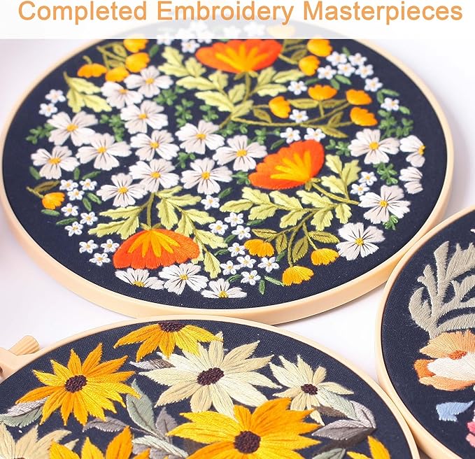 reewisly 3pcs embroidery starter kit with patterns and instructions, diy adult cross stitch kits beginner, including 3 plastic embroidery rings, 1 scissors, colored threads and needles