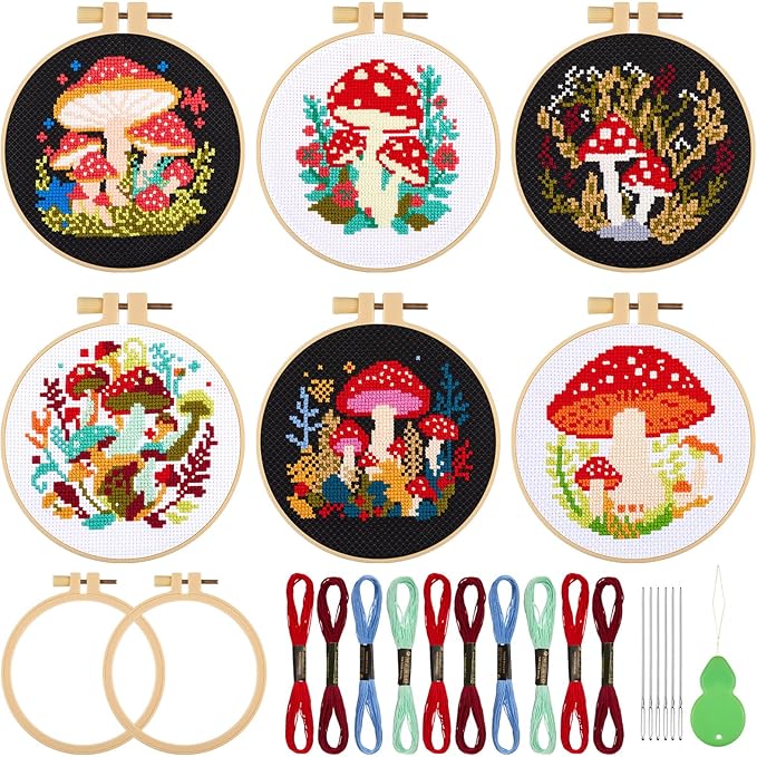 Juexica 6 Sets Mushroom Cross Stitch Kits for Beginners Mushroom DIY Embroidery Kits with Pattern and Instructions, 2 Embroidery Hoops, 6 Needles, Needle Threader, Threads Needlepoint Kits for Adults