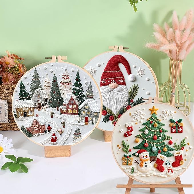 Ohcol 3 Sets Christmas Embroidery Kit,Cross Stitch Kits for Beginners,Needlepoint Kits for Adults with Easy Floral Pattern Hand Crafts,Hoop,Needle