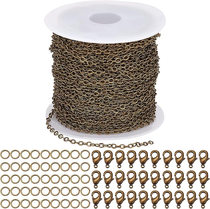 SUNNYCLUE 32.8Feet/10m Antique Bronze Chain Bulk Brass Curb Link 2.6x2x0.3mm Links Cable Chains for Jewelry Making Findings 100Pcs Iron Jump Rings 30Pcs Brass Lobster Clasps Necklace Bracelet Supplies