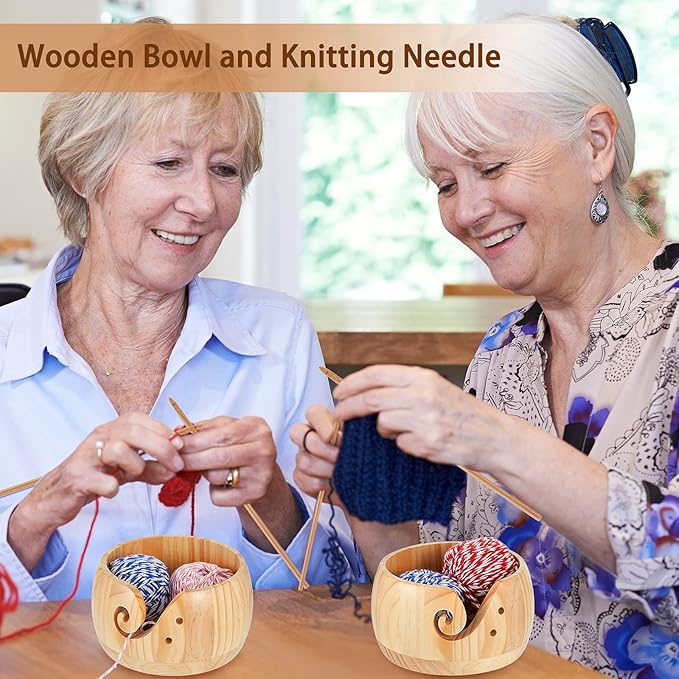 Patelai 6 x 6 x 3 Inch Wooden Yarn Bowls for Crocheting Round Knitting Wool Storage Yarn Bowl Handmade with Holes 12 Pieces Crochet Hooks for Knitting DIY Crafts Tools(Natural Color)