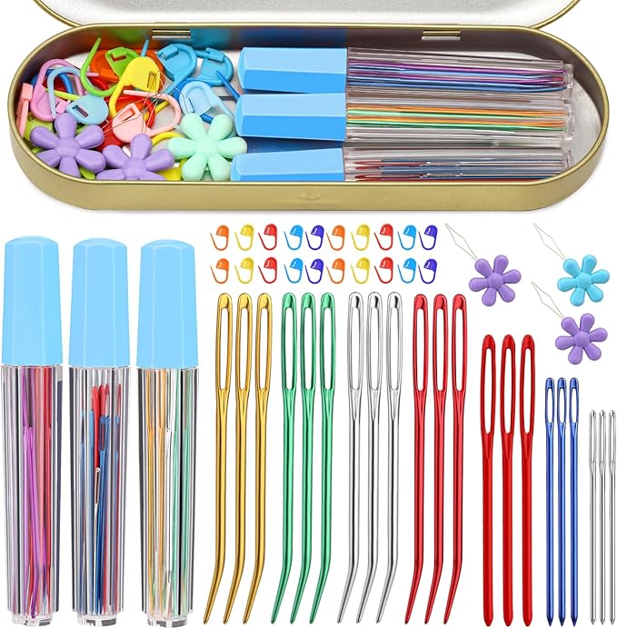 UzecPk 48Pcs Yarn Needles Set, Darning Needle, Tapestry Needles for Yarn, 3 Sizes Large Big Eye Crochet Needles with 20 Stitch Markers, Storage Box, Needle Threader for Knitting Sewing Weaving
