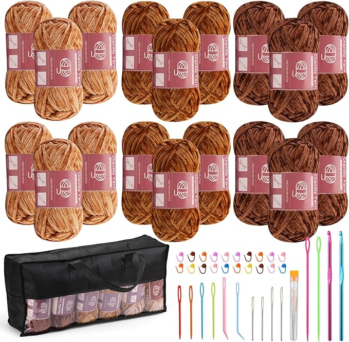 LUNARM 18 Skeins Chenille Yarn for Crocheting, Handmake Weaving Thick Soft Chunky Yarn for Blankets Clothes Crochet Craft with Crochet Hooks Needles Stitch Markers,3.53oz/Skein(Brown Series)