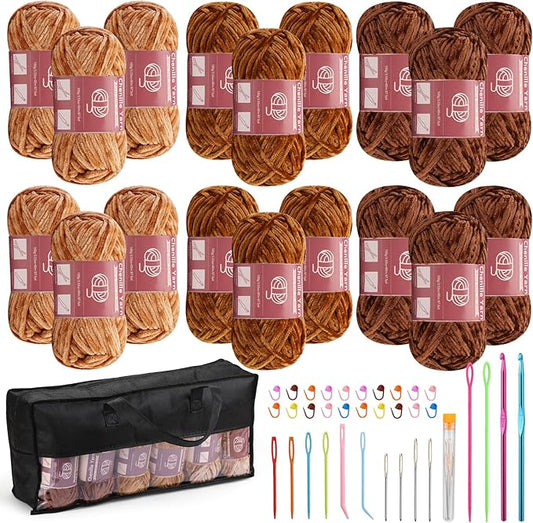 LUNARM 18 Skeins Chenille Yarn for Crocheting, Handmake Weaving Thick Soft Chunky Yarn for Blankets Clothes Crochet Craft with Crochet Hooks Needles Stitch Markers,3.53oz/Skein(Brown Series)