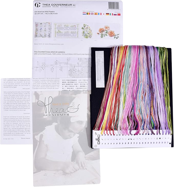 Thea Gouverneur - Counted Cross Stitch Kit - American Wild Flowers - Aida Black - 16 Count - Embroidery Kit for Adults - DMC Embroidery Threads and Other Cross Stitch Supplies Included - 554.05