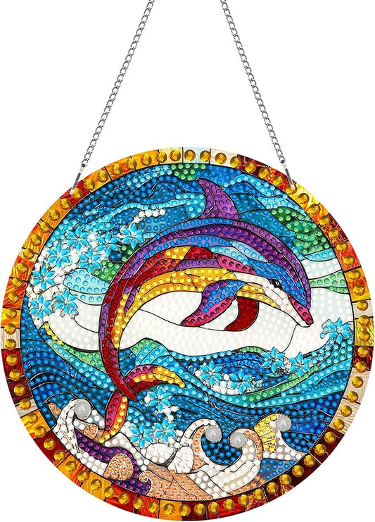 Pavemlo Hanging Diamond Art Kits for Adults Dolphin – 8x8 Inch Double-Sided Acrylic Board DIY Crystal Diamond Suncatcher Pendant, Sparkling Home Wall or Window Decoration Handmade Gift