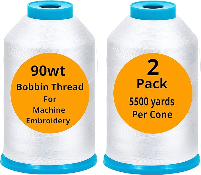 2-Pack Premium 90 WT Machine Embroidery Bobbin Thread White - Set of 2 X-Large Huge Polyester Cones 5500 Yards Each Spool Lint Free White Thread - Compatible with All Embroidery and Sewing Machines