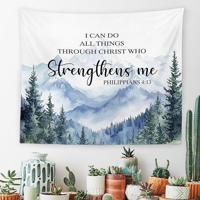 MNASAIOO Christian Mountian Woods Wall Tapestry Hanging for Bedroom, Bible Verse Scripture I can Do All Things through Christ Tapestries, Watercolor Wall Decor for Living Prayer Room Church 50x60in