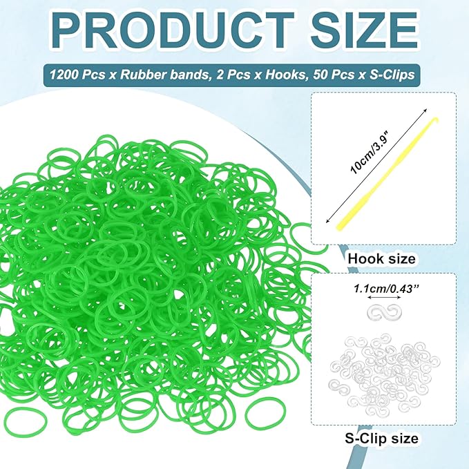 MECCANIXITY 1200 Pcs Loom Rubber Bands Kit with 50 Pcs S-Clips 2-Hooks Rubber Bands Refill Bracelet Making Kits for Weaving DIY Handcrafts Gift, Grass Green