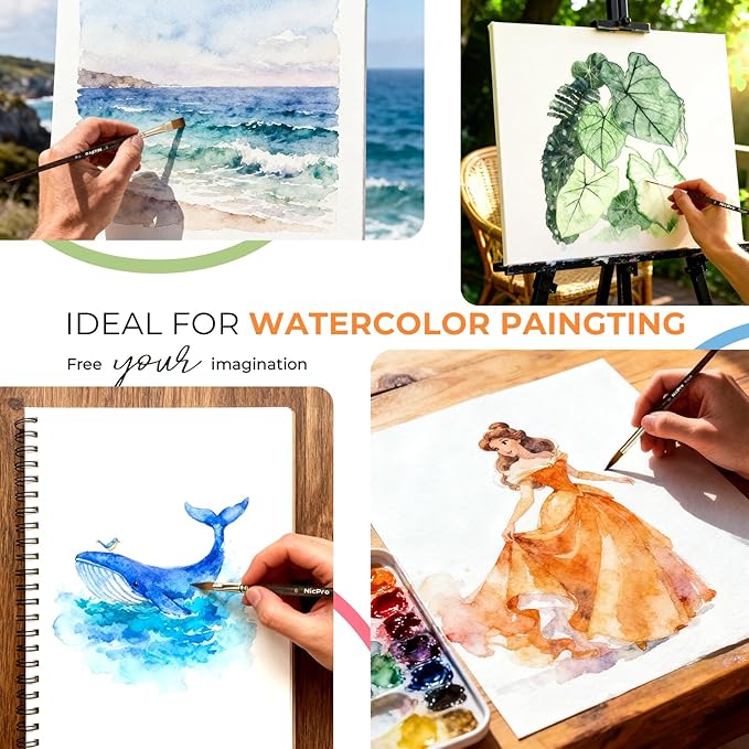 Nicpro Travel Watercolor Brushes Set, 6Pcs Kolinsky Sable Performance Paint Brush for Professional Artist & Beginners with Round, Rigger, Cats Tongue, Oval Wash for Water Color, Ink Gouache Painting