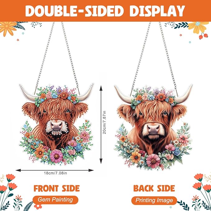 NAIMOER Diamond Art Hanging Kits for Adults Cow 5D Special Shaped Rhinestone, DIY Acrylic Diamond Art Painting Window Pendants Home Garden Wall Hanging Ornament Kits, Double Sided