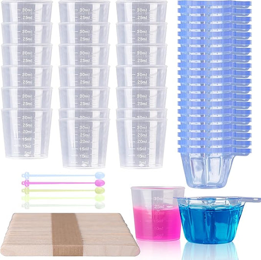 LET'S RESIN Epoxy Mixing Cups Kit,200Pcs, Plastic, 30ml Disposable Measuring Cups,50 Wooden Stirring Sticks for Paint Mixing, Jewelry Making