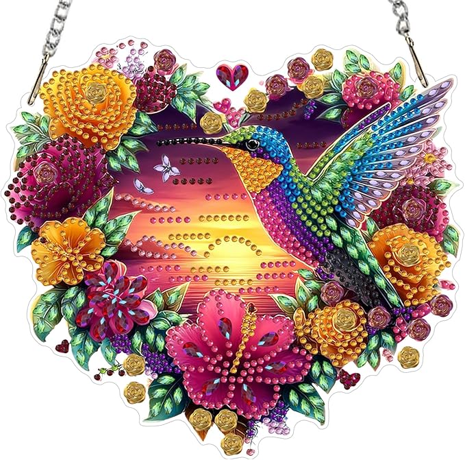 MXJSUA Flowers Hummingbird Diamond Art Hanging Kits for Adults Beginners, Crystal Diamond Suncatchers, Special Shape Diamond Painting Pendant Window Ornament Gifts for Home Garden Door Wall Decor