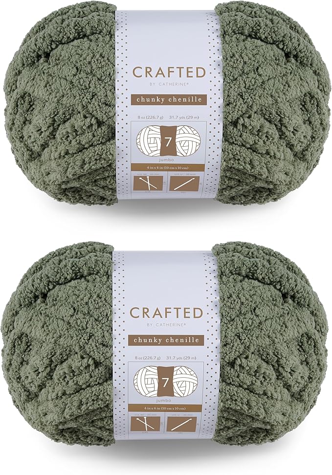 Crafted by Catherine Chunky Chenille Yarn - 2 Pack (8 oz / 227 g, 31.7 Yards Each Skein), Olive, Gauge 7 Jumbo