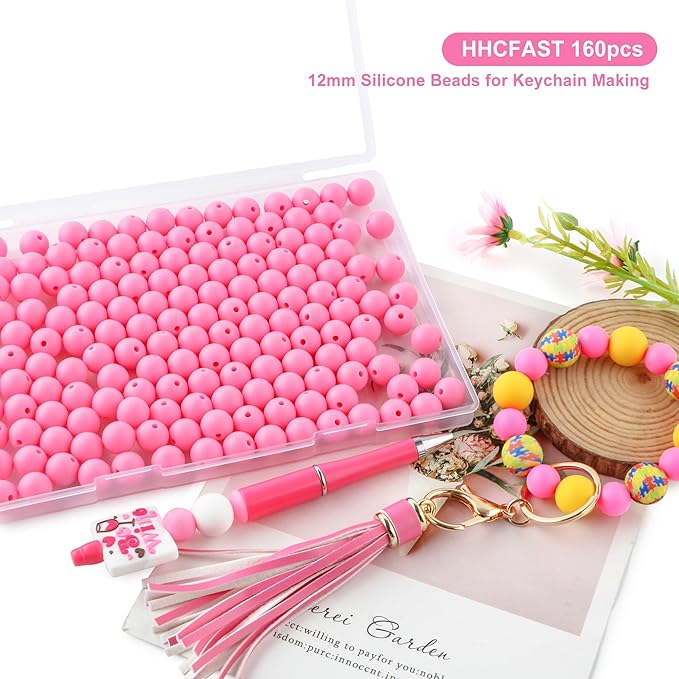 160Pcs 12mm Silicone Beads for Keychain Making Bracelet Necklace, Bulk Round Silicone Beads for Pens(Pink)