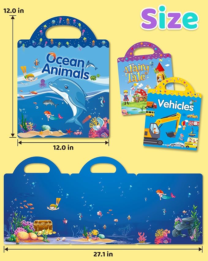 benresive reusable sticker books for kids, sticker books for toddlers, toddler travel toys activities crafts ages 3 and up birthday gifts - ocean animals, fairy and vehicle