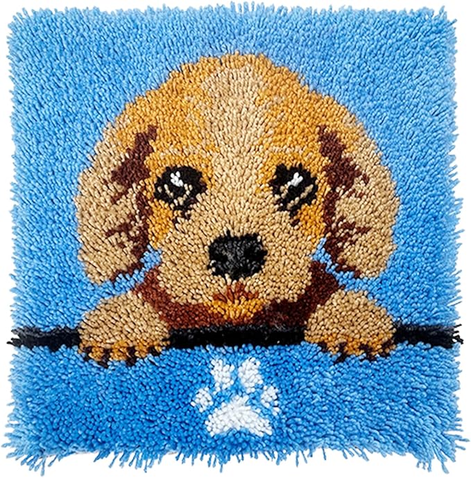 Golden Retriever Puppy Latch Hook Kits for Adults Kids, Beginners DIY Throw Pillow Kit Pre-Printed Pillowcase Hook and Latch Rug Kits Cross-stitch Cushion Cover for Home Sofa Decoration 17x17 in.