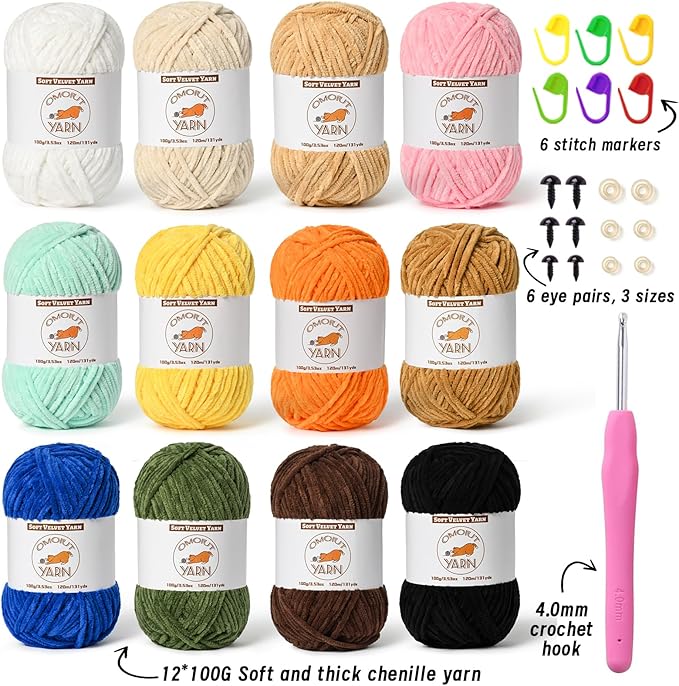 12 Skeins Fluffy Chenille Yarn for Crocheting, Soft Bulky Velvet Yarn for Knitting, Plush Baby Blanket Crochet Yarns, 1572 Yards Multicolor Amigurumi Yarn for Crafts Set F