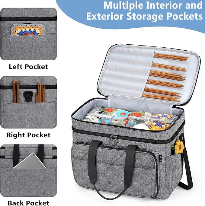 IBFUN 3PCS Crochet Bag with Wrist Yarn Holder, Large Yarn Storage Tote Waterproof Knitting Bag Organizer with Adjustable Strap for Hooks, Needles (Up to 14"), Accessories, Crochet Lovers, Tangle-Free