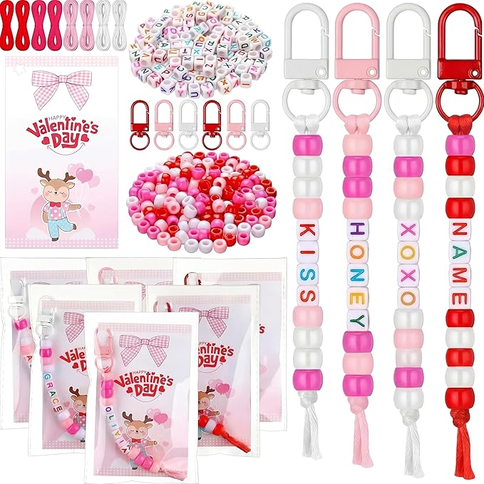 Suncalla 984 Pcs 24 Set Valentines Crafts Keychain DIY Key Chain Making Kit Gift Bead Adjustable Letter Beads Cards Strings Kit Sweet Valentine's Gift Accessories Party Favors for Adult
