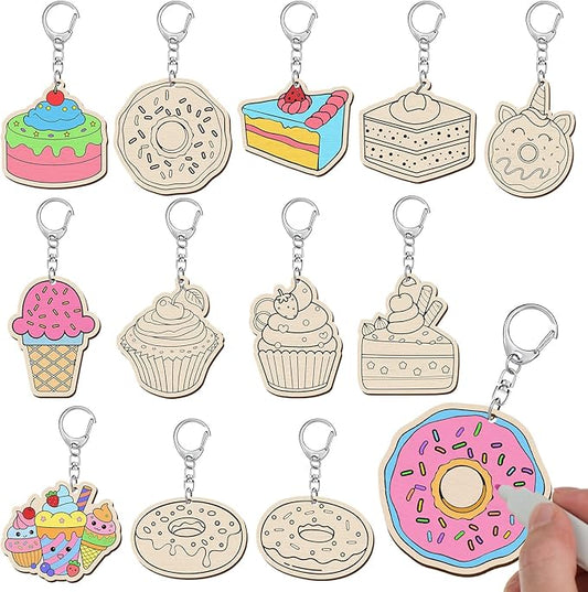 Trnayi 36 Pcs Dessert Craft Color Your Own Sweet Treat Keychains Unfinished DIY Coloring Ice Cream Wooden Donut Cupcake Crafts Blank Wood Painting Kits for Summer Art Donut Party Favors