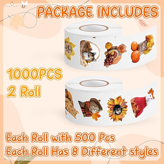 h1vojoxo autumn thanksgiving sticker rolls - 1000pcs fall cat dress up stickers in 2 rolls 16 designs autumn thanksgiving self-adhesive sticker for kids craft envelope cat lover holiday party supplies