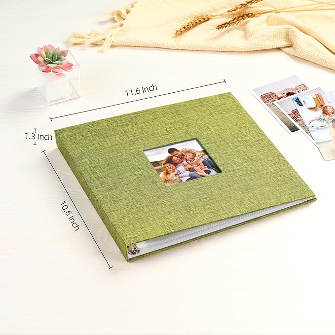 Mublalbum 10x10 Inch DIY Scrapbook Photo Album with 20 Plastic Sleeves 40 Pages Linen Cover 3 Ring Folder Binder for Wedding Baby Family and DIY Projects (Green)