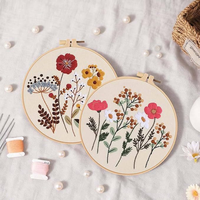 Fakindiy 4 Sets Embroidery Kit for Beginners, Flower Cross Stitch Set for Complete Starter Kit with Hoop, Threads, Needles & Tools,Hand Craft Gift for Lovers (ColorC-Flower Pattern)