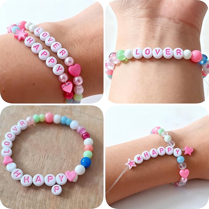 nikkiGuo 1250pcs 4x7mm White Round Acrylic Alphabet Beads A-Z Heart Beads with Numbers Crystal Line for Jewelry Bracelet, Necklace and Key Chains(Hot Pink White Colorful)