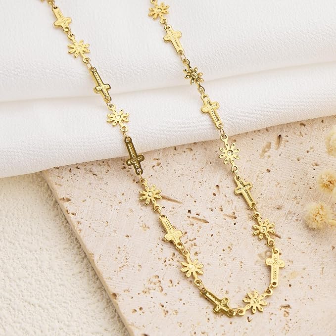 GTVOODX 18k Gold PVD Bulk Chains for Jewelry Making 13 Feet Stainless Steel Cross Flower Link Chain Waterproof Hypoallergenic DIY Permanent Jewelry Making Supplies