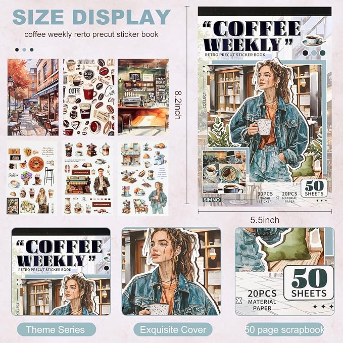 Scrapbooking Stickers - 500 Pre-Cut Washi Stickers & 20 Scrapbook Papers Coffee and People Sticker Books for journaling Scrapbooking Supplies