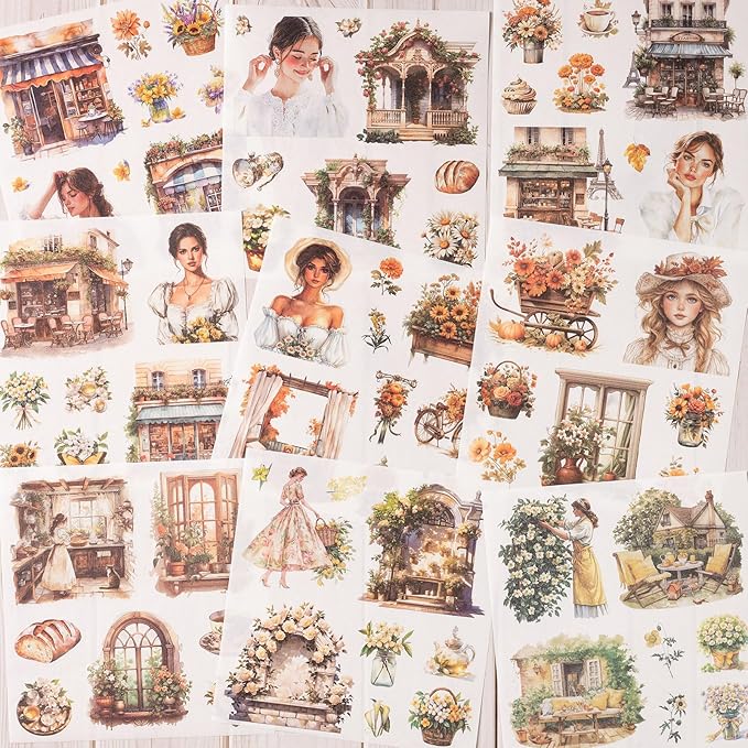 Garden Journal Sticker Book, 50 Sheets Washi Junk Journaling Sticker, Scrapbook Supplies, Watercolor Scrapbooking for Adults, Yellow Decorative Ephemera Arts Craft