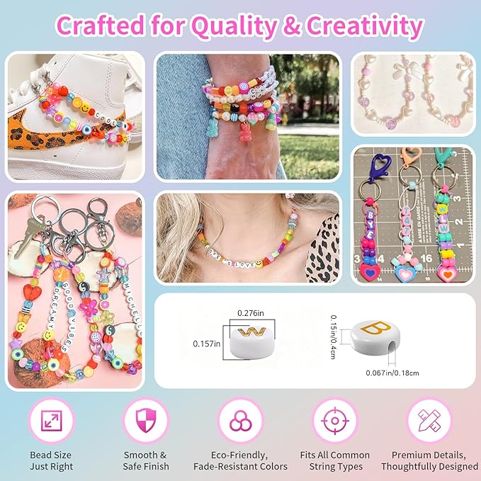 nikkiGuo 1250 PCS Letter Beads Kit with Elastic Cord – Alphabet A–Z, Numbers, Heart, Moon, Star, Smiley Beads for Friendship Bracelets & DIY Jewelry (Sliver Beads & Black Letters)