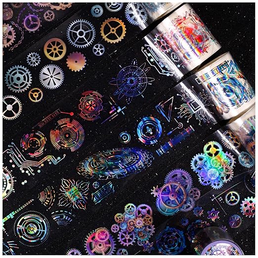 6 Rolls PET Tape Stickers for Journaling Supplies, Colorful Gears Circuit Themed Journal Tape Stickers for Journaling, Scrapbooking, Junk Journal Supplies, DIY Crafts (Fantasy)