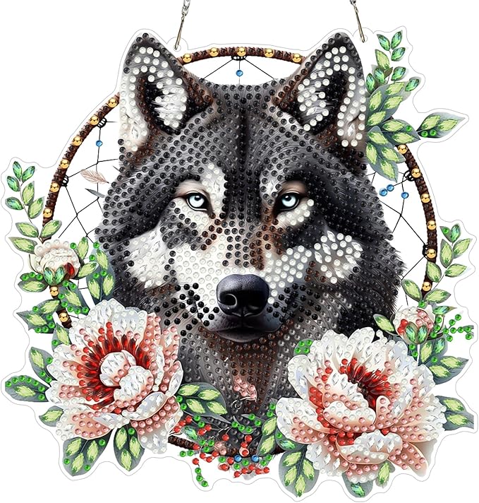 MXJSUA Dreamcatcher Wolf Flower Diamond Art Hanging Kits for Adults Beginners, DIY Acrylic Special Shaped Crystal Diamond Gem Drills Pendant Art Painting Ornament for Home Wall Decor Gift