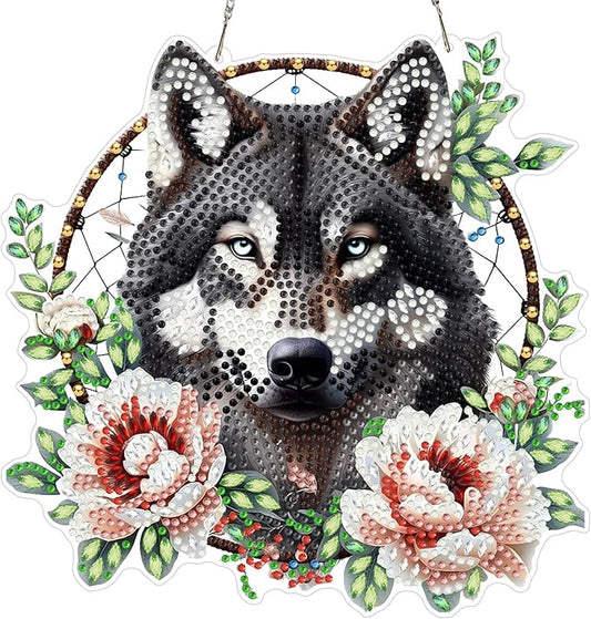MXJSUA Dreamcatcher Wolf Flower Diamond Art Hanging Kits for Adults Beginners, DIY Acrylic Special Shaped Crystal Diamond Gem Drills Pendant Art Painting Ornament for Home Wall Decor Gift
