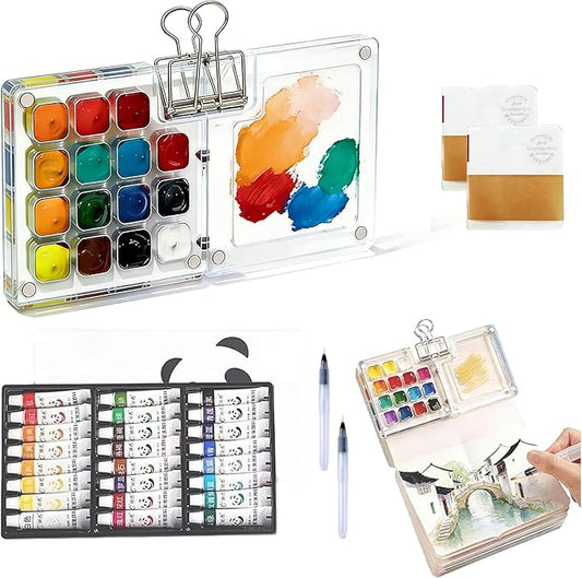 Mini Watercolor Travel Set - 24 Colors Travel Watercolor Kit with 2 Sketchbooks & 2 Water Brushes & Copper Clip, Magnetic Folding Palette for Outdoor Painting, Artists and Painting Enthusiasts