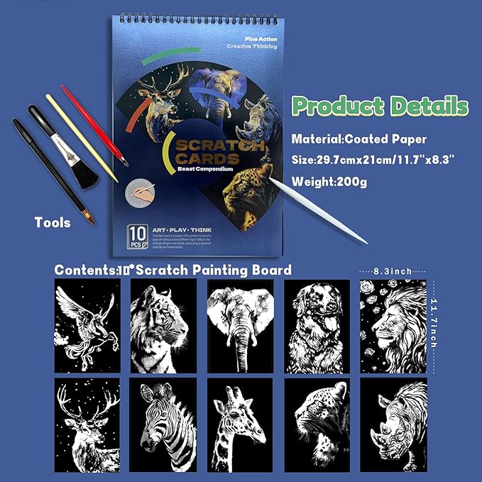 Animals Scratch Art Book for Adults-Colorful Animal Scratch Paper|Scratch Painting Paper Craft Kit|Creative Foil Engraving Scratch Art|Stress Relief Gift for Craft Lovers(Animal Series 2)