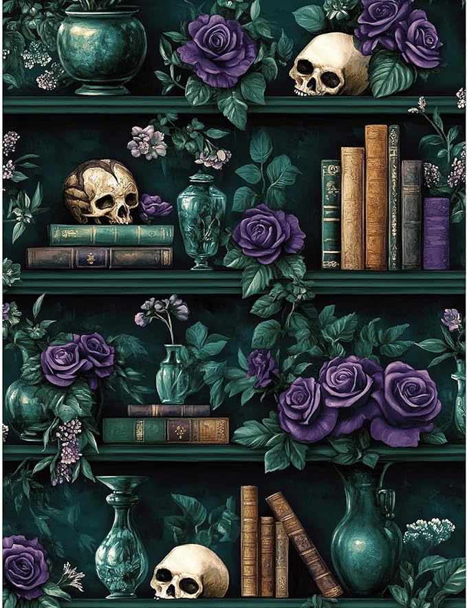 QENSPE 5D Diamond Art Mystic Book Shelf,DIY Round Full Drill Diamond Painting Kits for Beginners,Vase & Skull Diamond Dots for Adults,Home Wall Decor & Gift Perfect for Relaxation 12x16 inch
