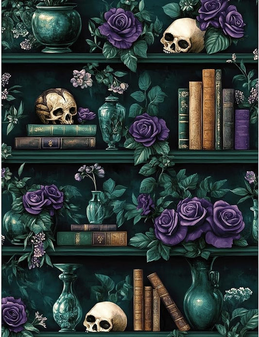 QENSPE 5D Diamond Art Mystic Book Shelf,DIY Round Full Drill Diamond Painting Kits for Beginners,Vase & Skull Diamond Dots for Adults,Home Wall Decor & Gift Perfect for Relaxation 12x16 inch