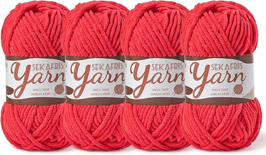 4 Pack Fluffy Velvet Yarn for Crocheting，Baby Blanket Yarn for Crocheting Soft，200g(262.4yds) Amigurumi Yarns，Plush Chenille Crochet Yarns，Puzzle Yarn for Crochet Weaving Craft(4 Red)