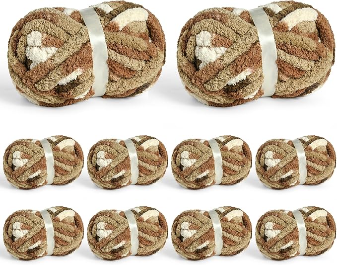 10 Pack Jumbo Chunky Yarn for Hand Knitting, Fluffy Chunky Chenille Yarn for Crocheting, Variegated Chunky Knit Baby Blanket Yarn, 240 yds /70.5 oz Super Bulky Yarn (Cappuccino)