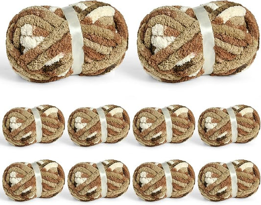 10 Pack Jumbo Chunky Yarn for Hand Knitting, Fluffy Chunky Chenille Yarn for Crocheting, Variegated Chunky Knit Baby Blanket Yarn, 240 yds /70.5 oz Super Bulky Yarn (Cappuccino)