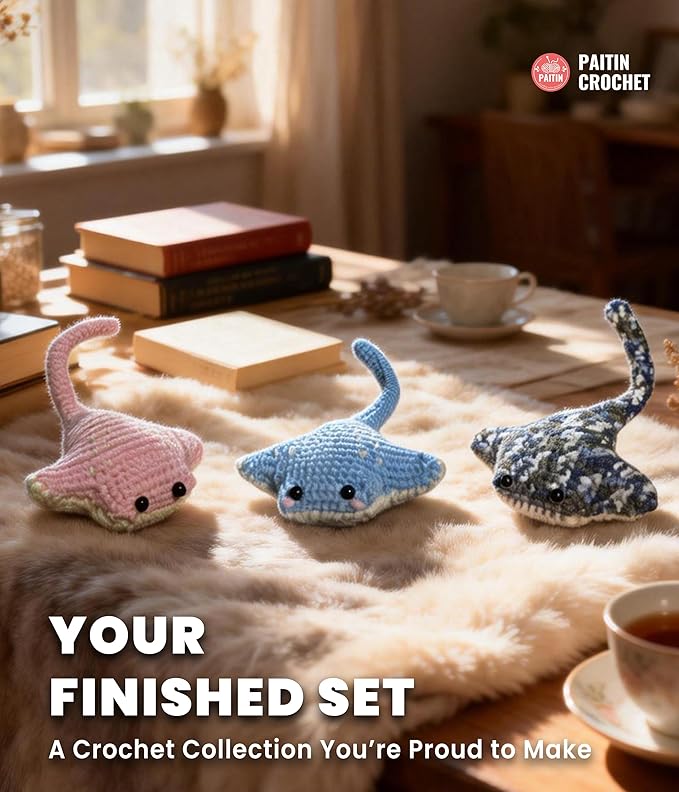 PAITIN Crochet Kit for Beginners – DIY Manta Ray Crochet Craft Project, Easy Handmade Yarn Art Kit for Adults with Step-by-Step Video Tutorial