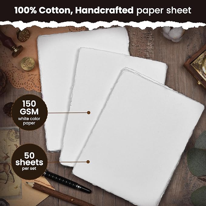 LEATHER VILLAGE Watercolor Paper - 7 X 5 inches, 50 Sheets - Mixed Media Watercolor Paper - 150 GSM Thick Deckle Edge Virgin Cotton Handmade Paper - Off White